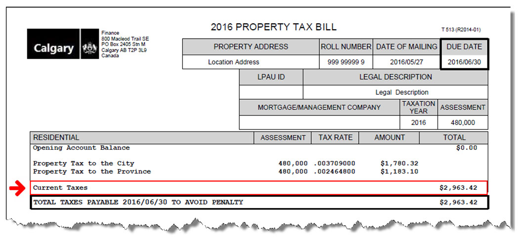 Sample of a Tax Bill showing the Current Taxes line highlighted
