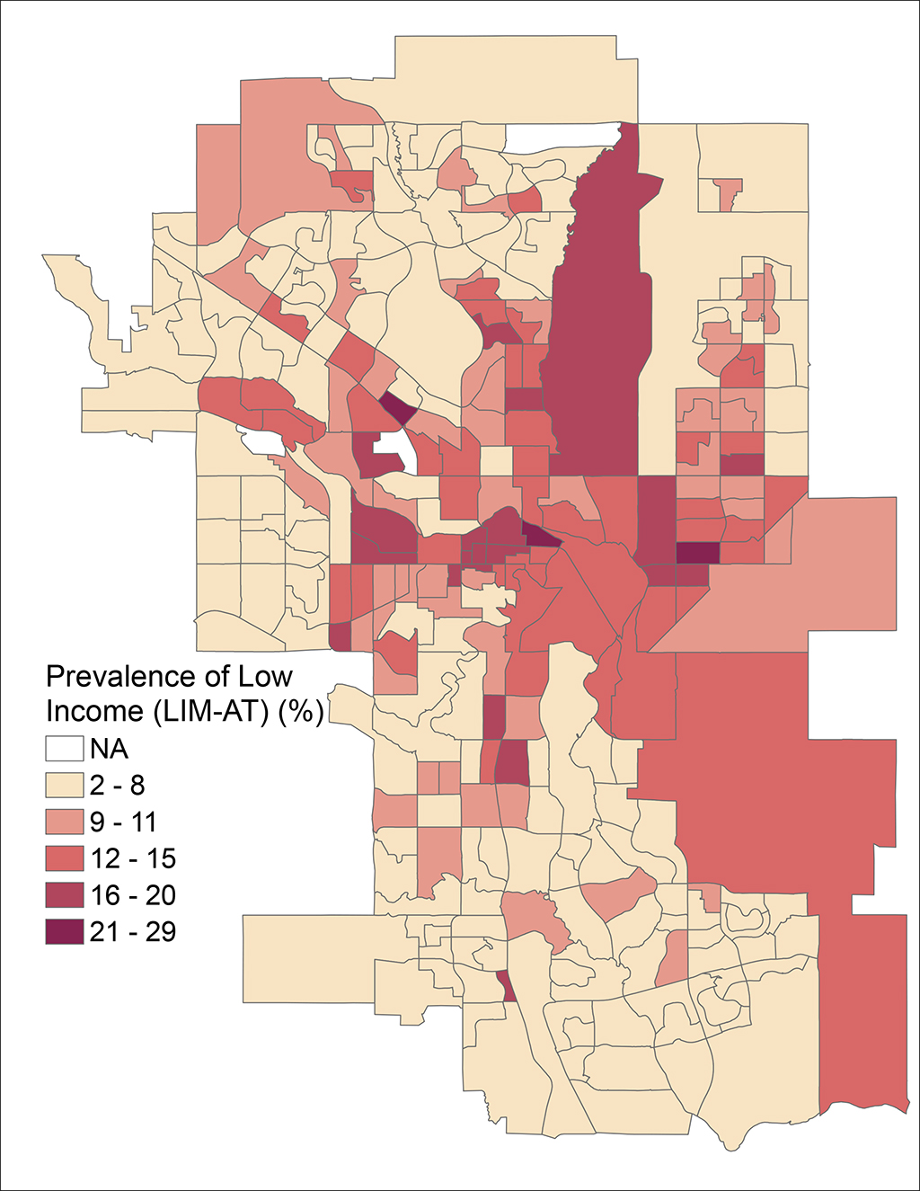 Percent in low income (LIM-AT) by census tract, 2020